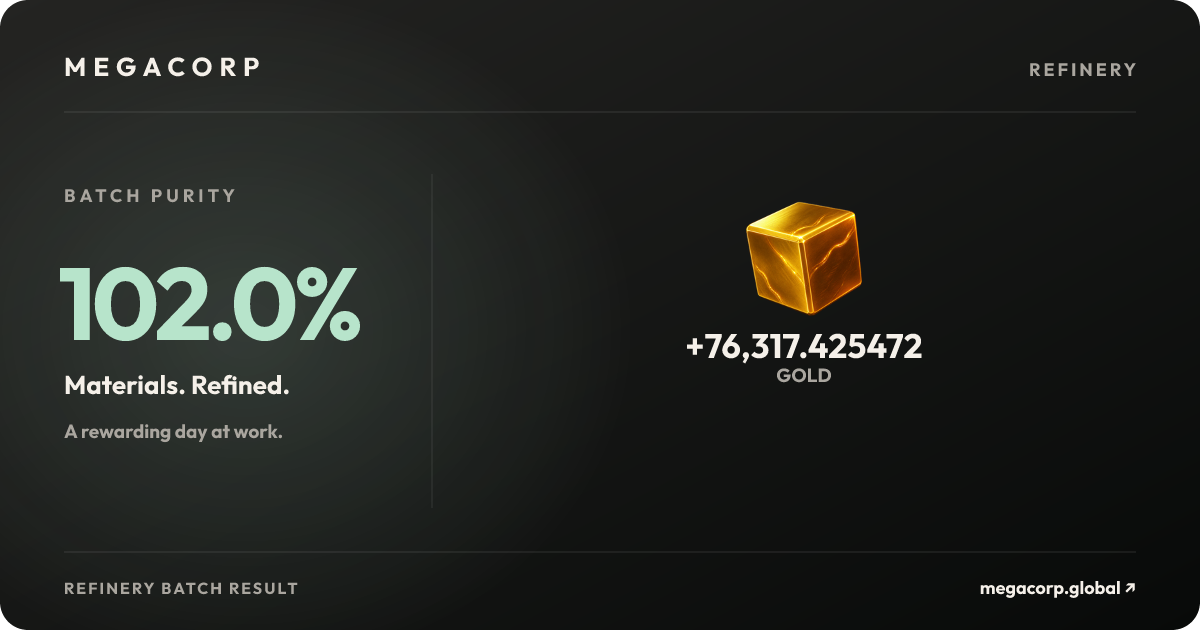 102.0% purity. A rewarding day at MEGACORP.